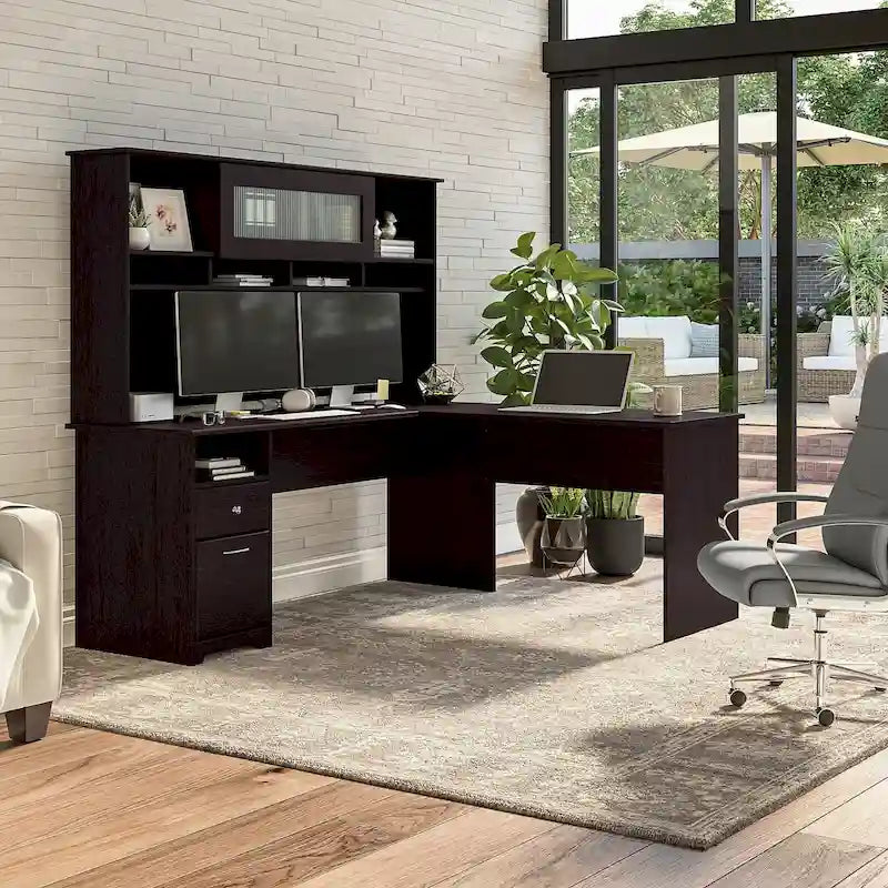 Bureau d'ordinateur en L de 72 po avec huche et tiroirs