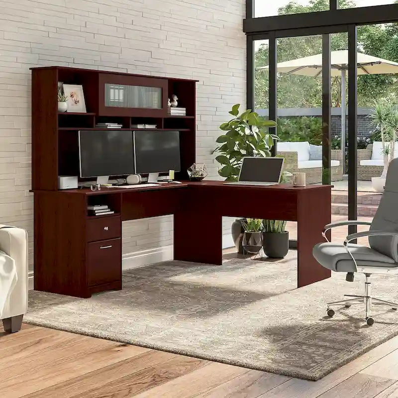 Bureau d'ordinateur en L de 72 po avec huche et tiroirs