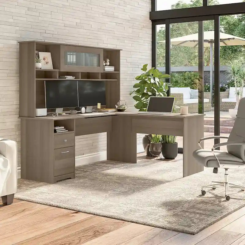 Bureau d'ordinateur en L de 72 po avec huche et tiroirs