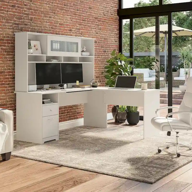 Bureau d'ordinateur en L de 72 po avec huche et tiroirs