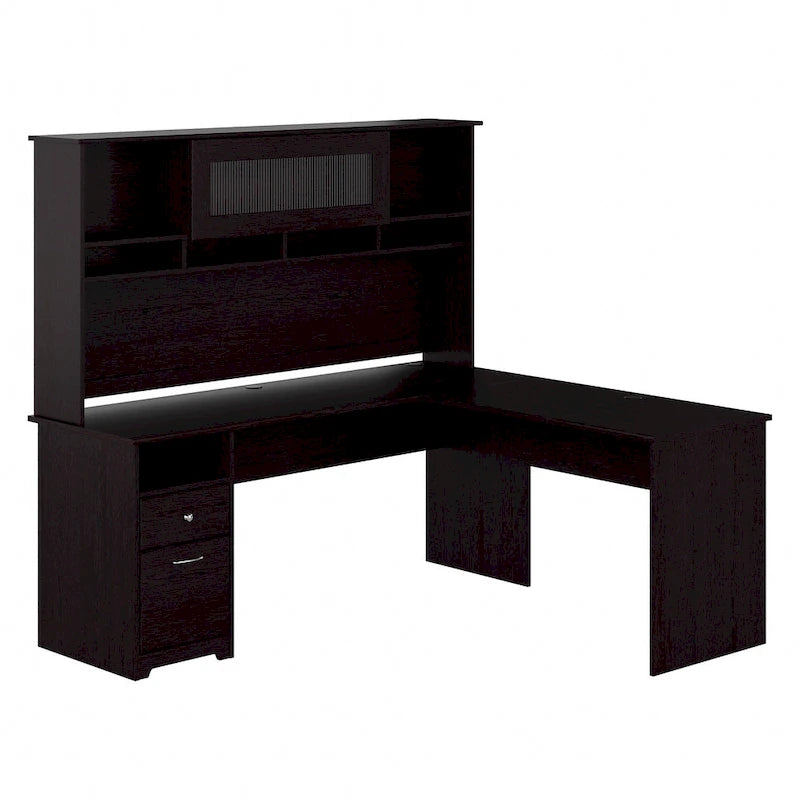 Bureau d'ordinateur en L de 72 po avec huche et tiroirs