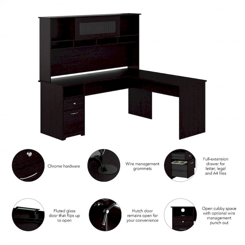 Bureau d'ordinateur en L de 72 po avec huche et tiroirs
