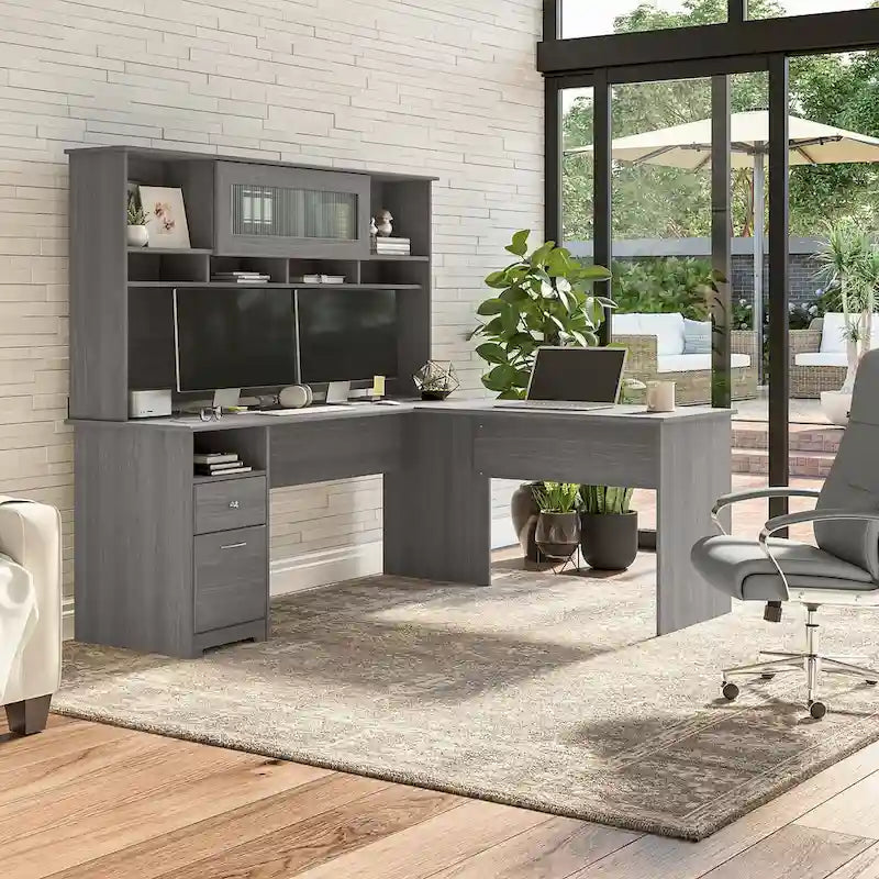 Bureau d'ordinateur en L de 72 po avec huche et tiroirs