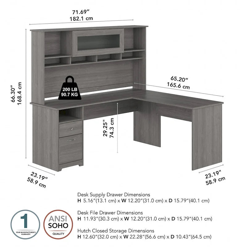 Bureau d'ordinateur en L de 72 po avec huche et tiroirs