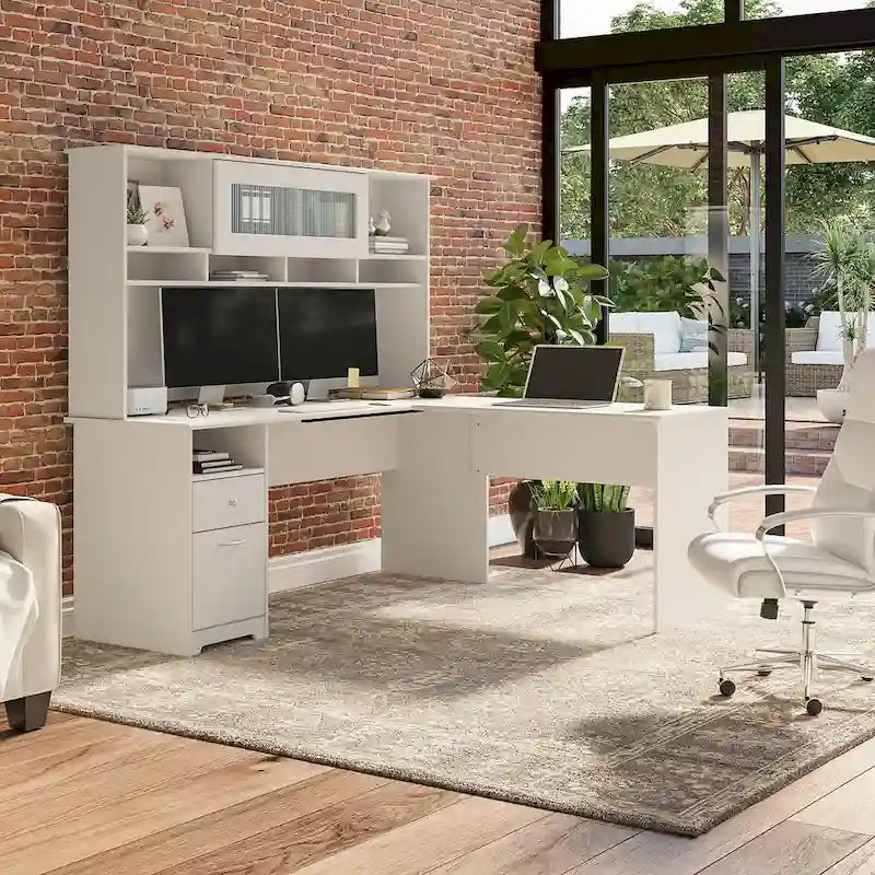 Bureau d'ordinateur en L de 72 po avec huche et tiroirs