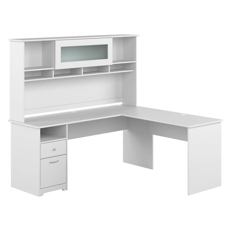 Bureau d'ordinateur en L de 72 po avec huche et tiroirs