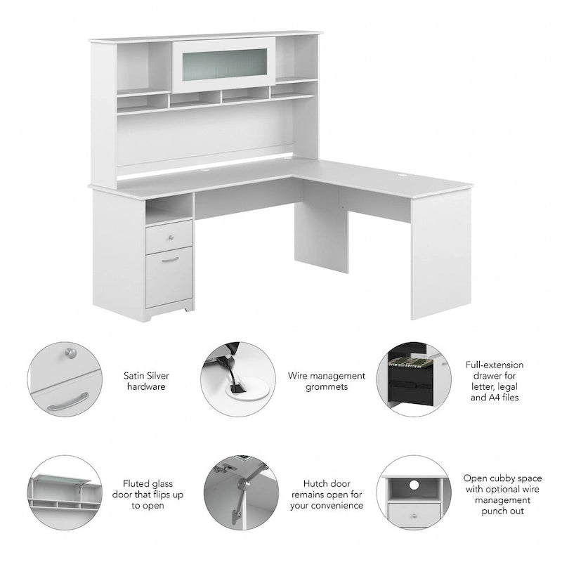 Bureau d'ordinateur en L de 72 po avec huche et tiroirs