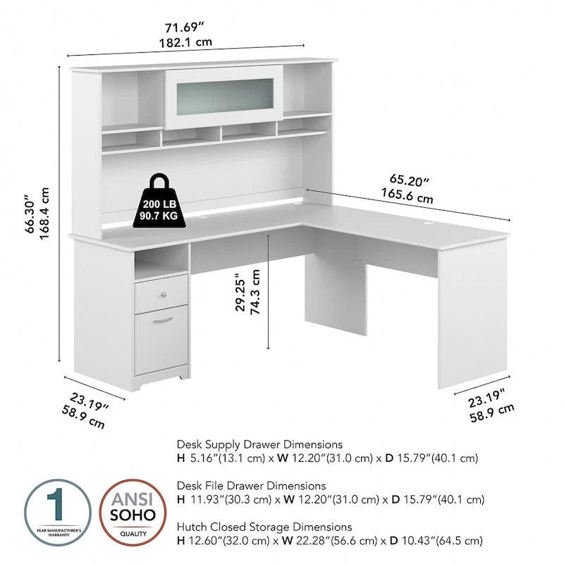 Bureau d'ordinateur en L de 72 po avec huche et tiroirs