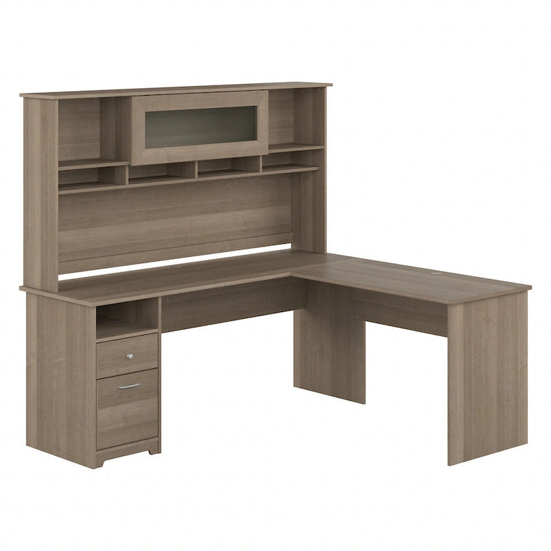 Bureau d'ordinateur en L de 72 po avec huche et tiroirs