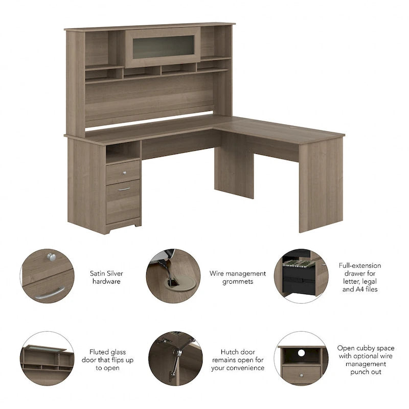 Bureau d'ordinateur en L de 72 po avec huche et tiroirs