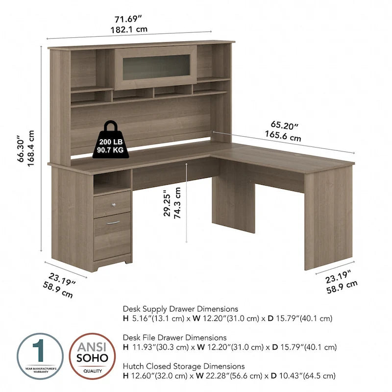 Bureau d'ordinateur en L de 72 po avec huche et tiroirs