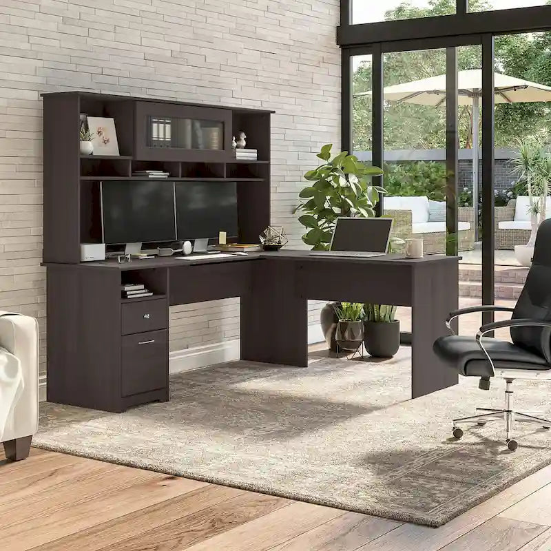Bureau d'ordinateur en L de 72 po avec huche et tiroirs