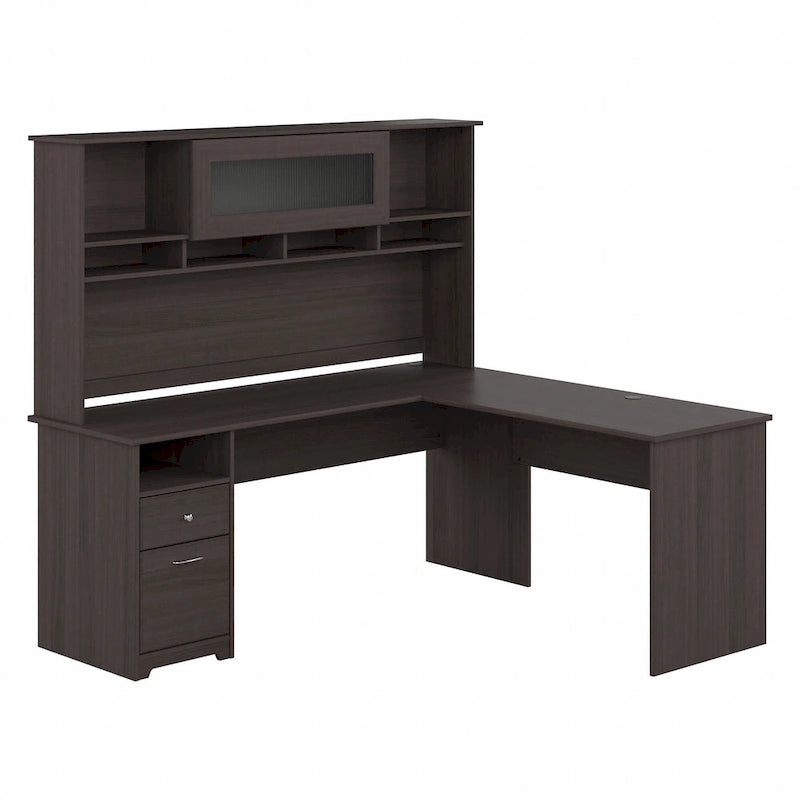 Bureau d'ordinateur en L de 72 po avec huche et tiroirs
