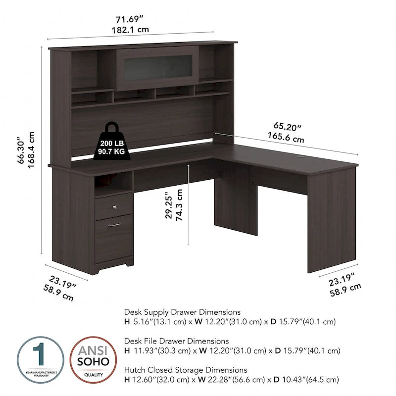 Bureau d'ordinateur en L de 72 po avec huche et tiroirs