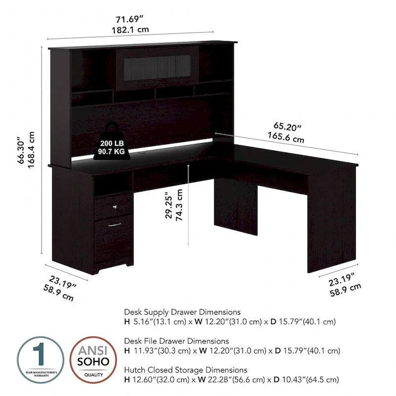 Bureau d'ordinateur en L de 72 po avec huche et tiroirs