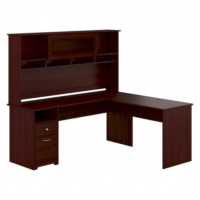 Bureau d'ordinateur en L de 72 po avec huche et tiroirs