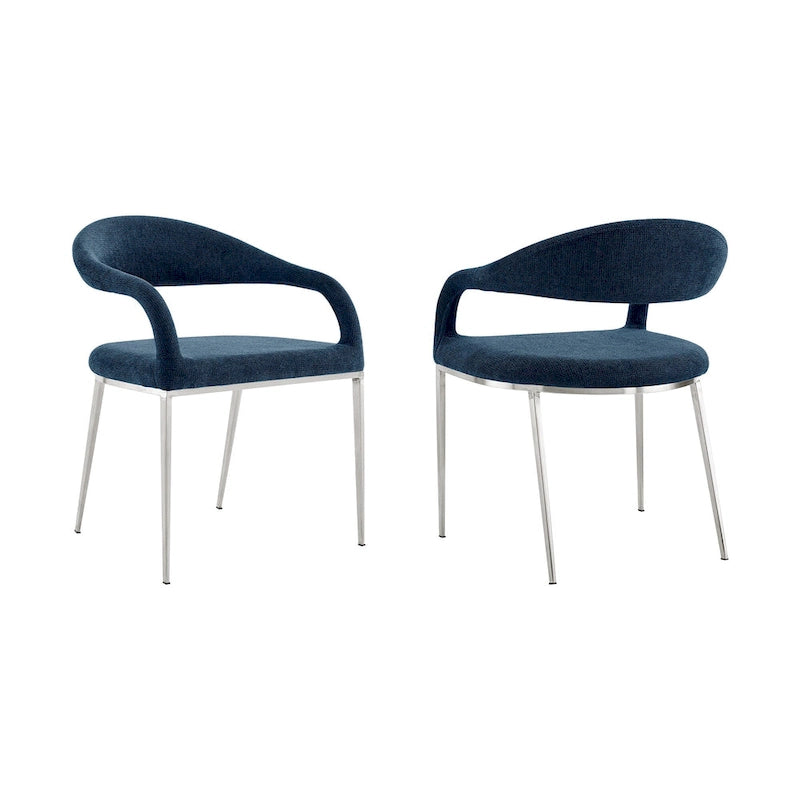 Ensemble de deux chaises de salle à manger à dossier ouvert, rembourrées en polyester bleu et argent