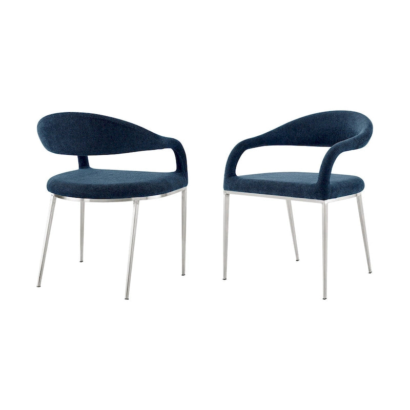 Ensemble de deux chaises de salle à manger à dossier ouvert, rembourrées en polyester bleu et argent