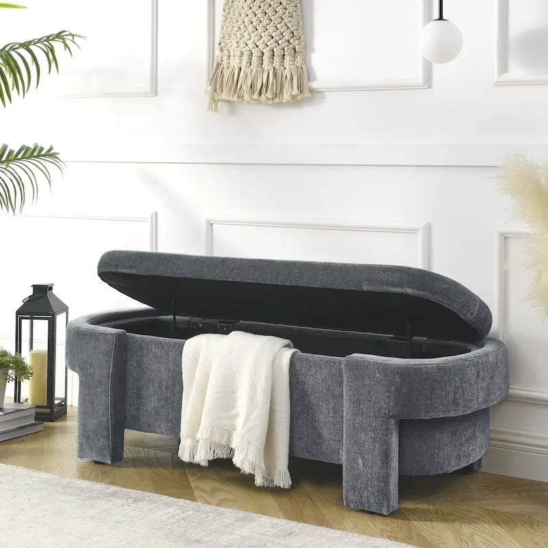 Banc de rangement capitonné en chenille avec pieds tournés pour espaces élégants