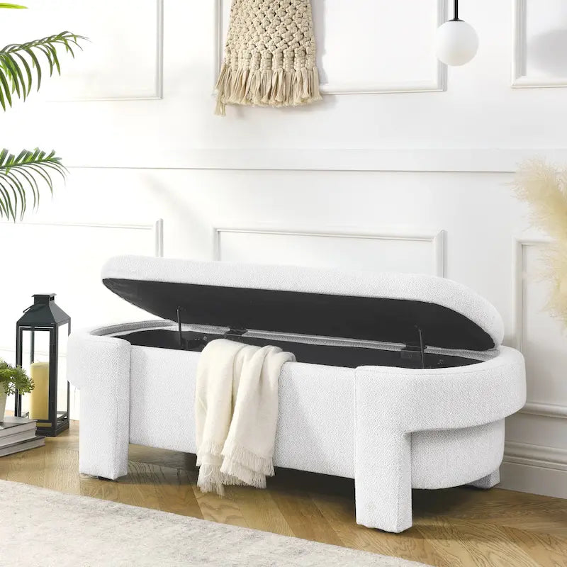 Banc de rangement capitonné en chenille avec pieds tournés pour espaces élégants