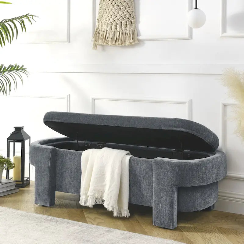 Banc de rangement capitonné en chenille avec pieds tournés pour espaces élégants