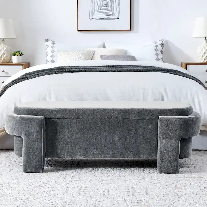 Banc de rangement capitonné en chenille avec pieds tournés pour espaces élégants