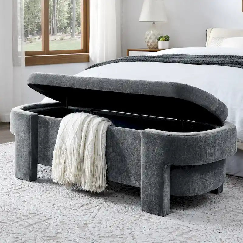 Banc de rangement capitonné en chenille avec pieds tournés pour espaces élégants