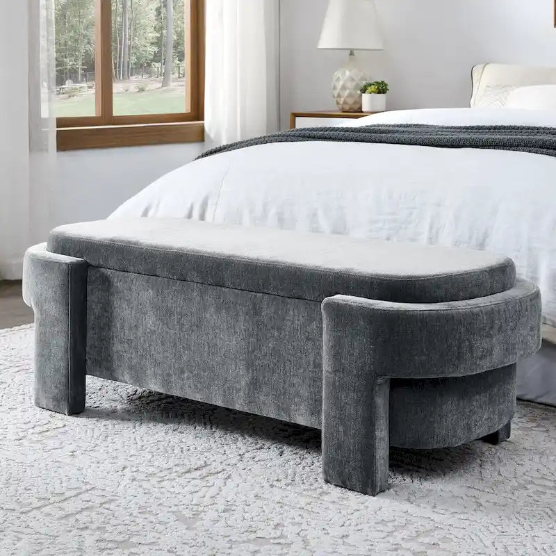 Banc de rangement capitonné en chenille avec pieds tournés pour espaces élégants