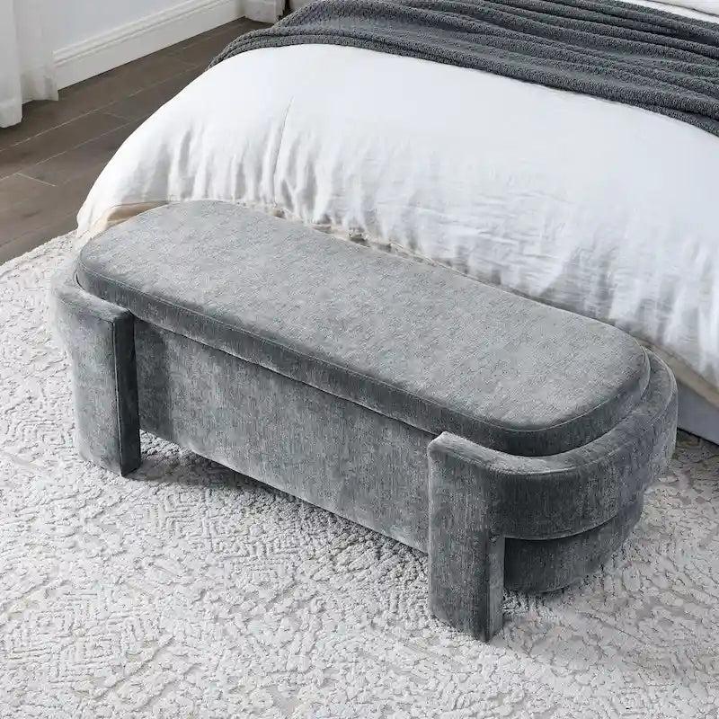 Banc de rangement capitonné en chenille avec pieds tournés pour espaces élégants