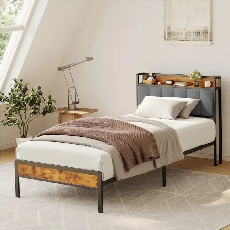 Twin/Full/Queen/King Platform Bed Frame, Metal Bed Frame with Storage Headboard