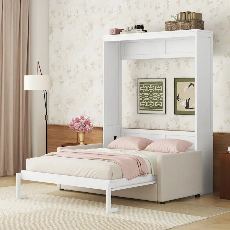 Lit escamotable multifonctionnel Queen Size avec coussin et espace de rangement pour chambre à coucher