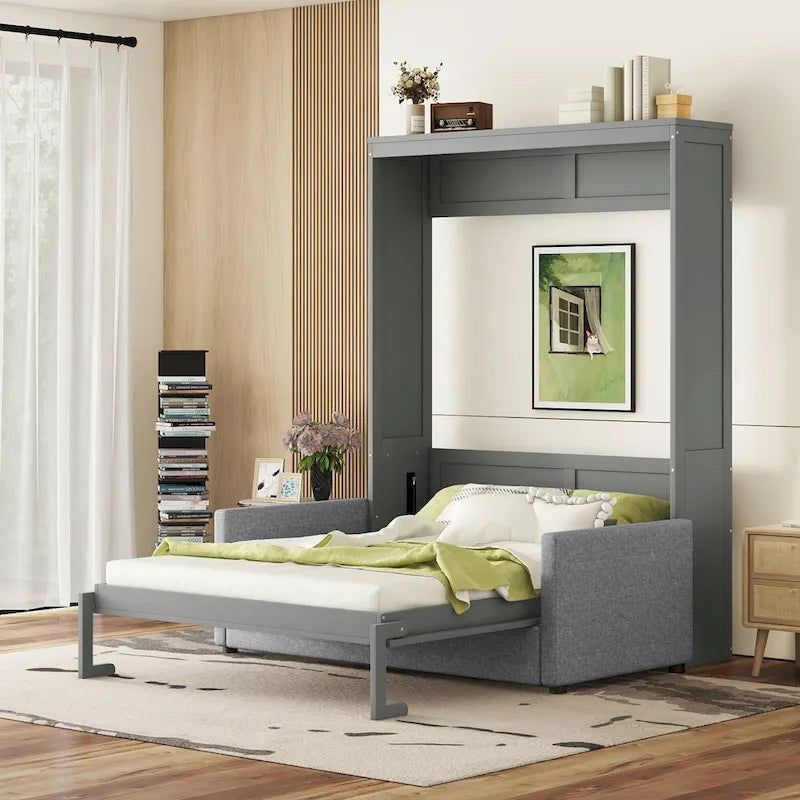 Lit escamotable multifonctionnel Queen Size avec coussin et espace de rangement pour chambre à coucher