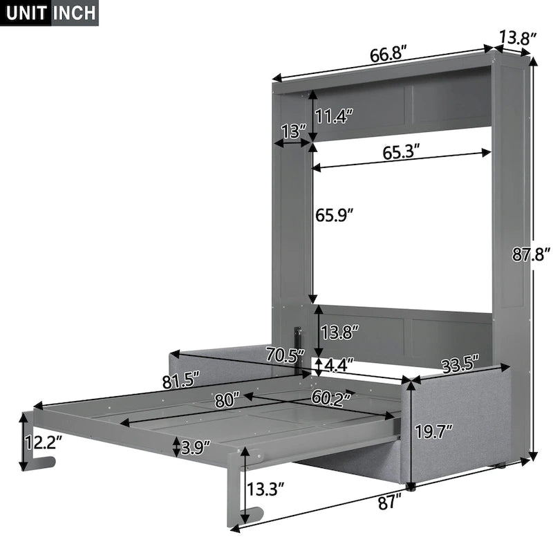 Lit escamotable multifonctionnel Queen Size avec coussin et espace de rangement pour chambre à coucher
