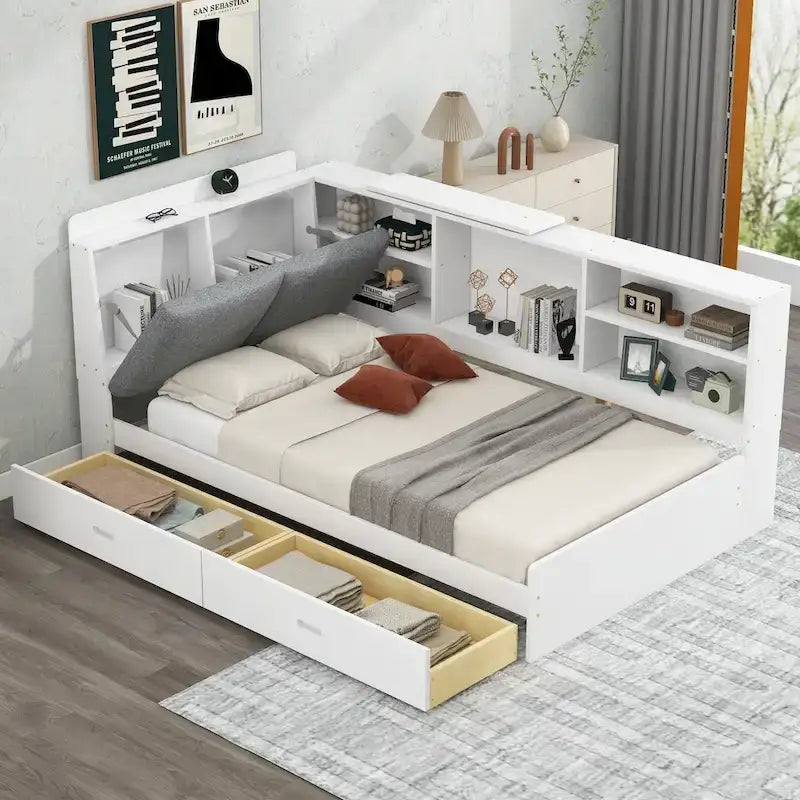 King Size Upholstered Bed with Storage Headboard and Trundle