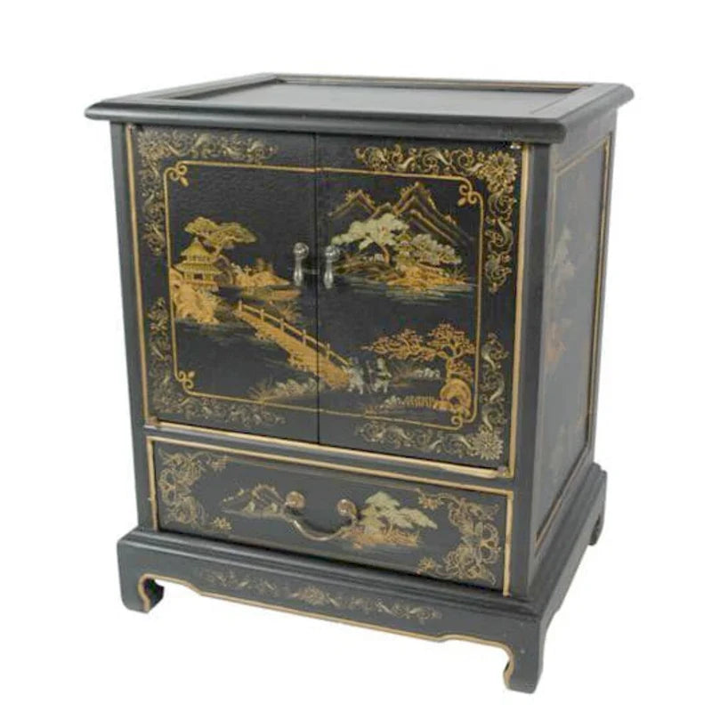 Handmade Lacquered Vintage Chinese Landscape End Table - 20.00W x 16.00D x 24.50H