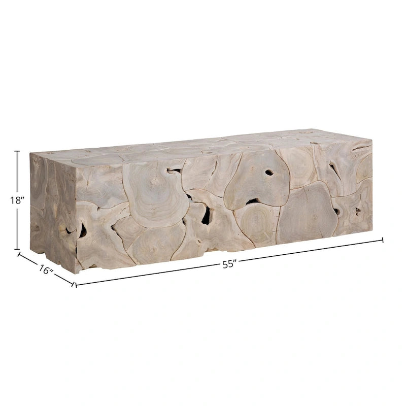 Banc rectangulaire en racine de teck blanchi massif de 55 pouces