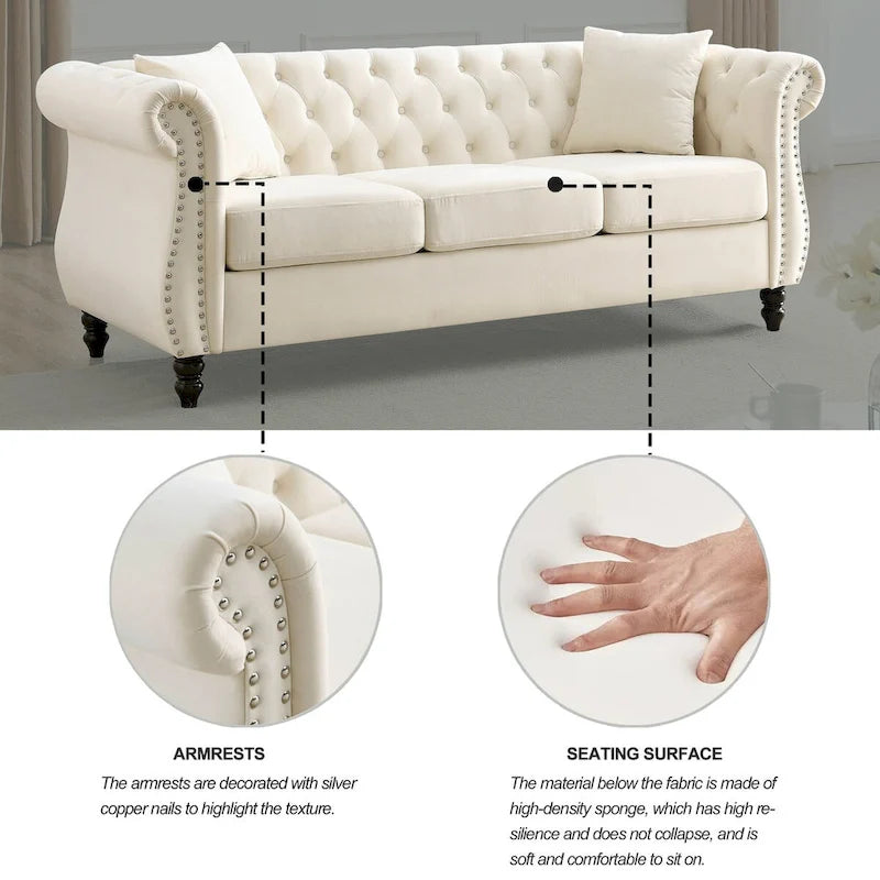 Canapé 80 pouces en velours beige pour salon, canapé 3 places capitonné avec accoudoirs enroulés et clous décoratifs, deux coussins