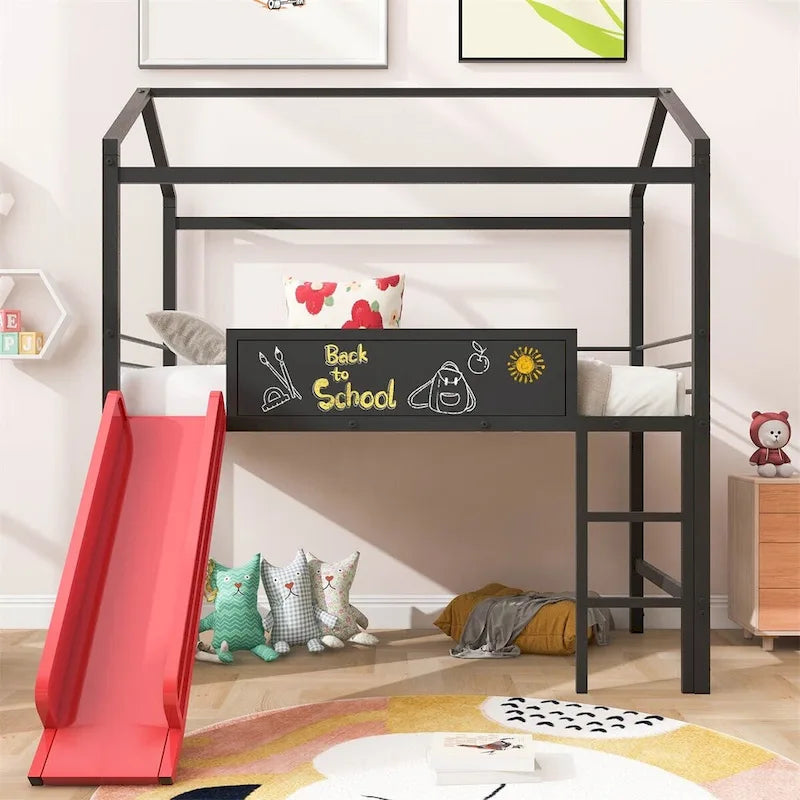 Lit mezzanine double en métal avec tableau effaçable double face, toboggan