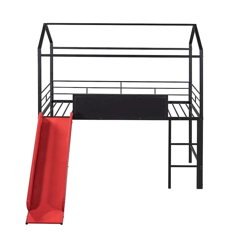 Lit mezzanine double en métal avec tableau effaçable double face, toboggan