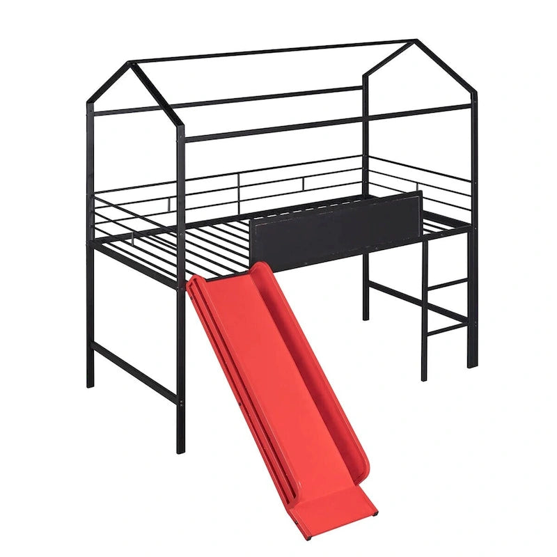 Lit mezzanine double en métal avec tableau effaçable double face, toboggan