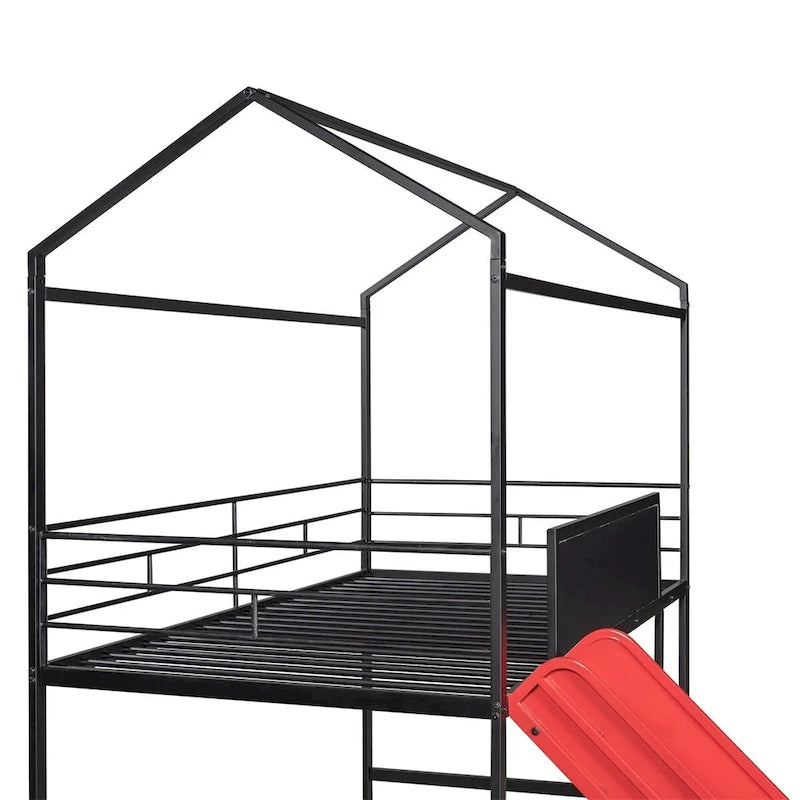 Lit mezzanine double en métal avec tableau effaçable double face, toboggan