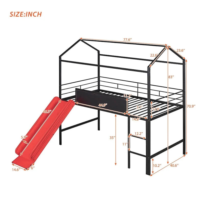 Lit mezzanine double en métal avec tableau effaçable double face, toboggan