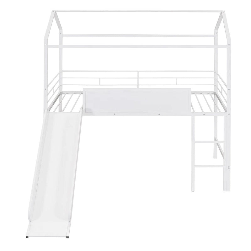 Lit mezzanine double en métal avec tableau effaçable double face, toboggan