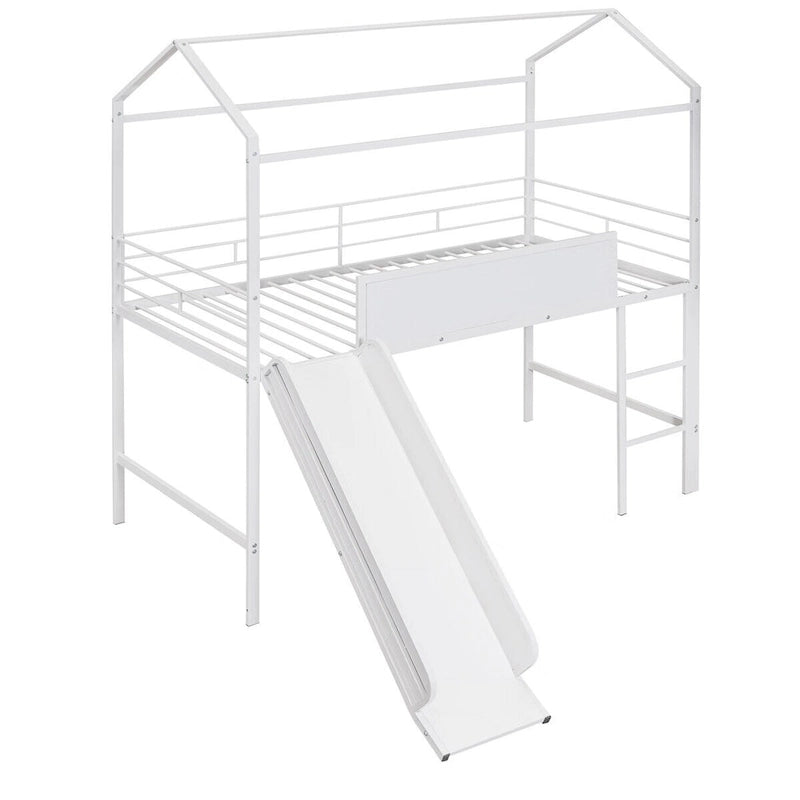 Lit mezzanine double en métal avec tableau effaçable double face, toboggan
