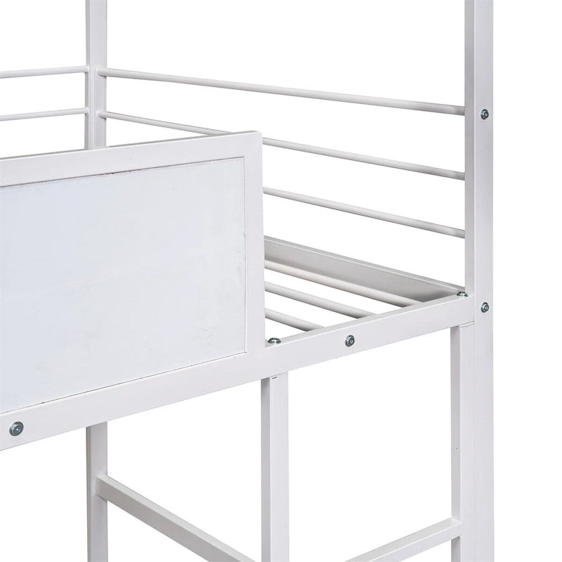 Lit mezzanine double en métal avec tableau effaçable double face, toboggan