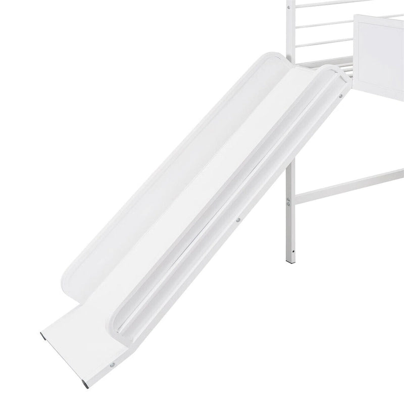 Lit mezzanine double en métal avec tableau effaçable double face, toboggan