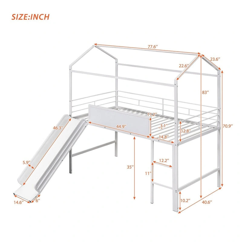 Lit mezzanine double en métal avec tableau effaçable double face, toboggan
