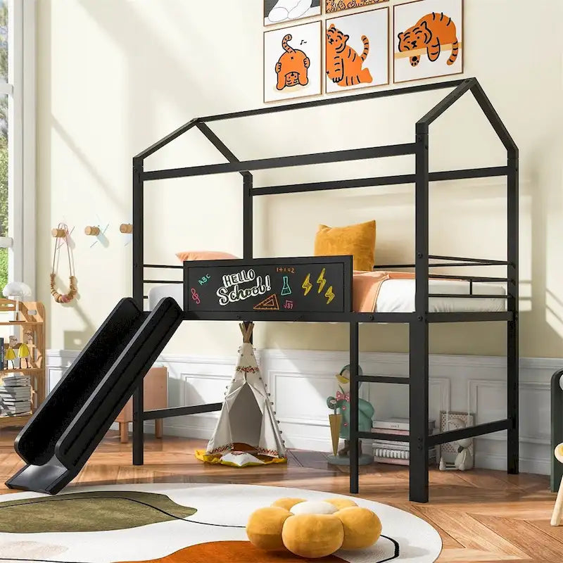 Lit mezzanine double en métal avec tableau effaçable double face, toboggan
