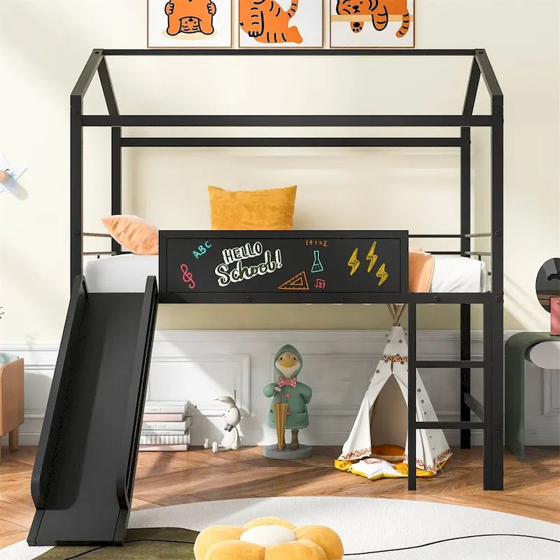 Lit mezzanine double en métal avec tableau effaçable double face, toboggan