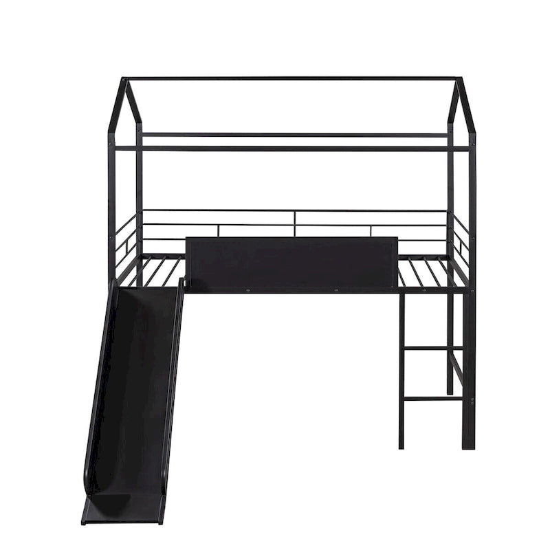 Lit mezzanine double en métal avec tableau effaçable double face, toboggan